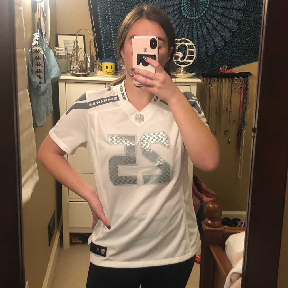 White and Silver Sherman Seahawks Jersey